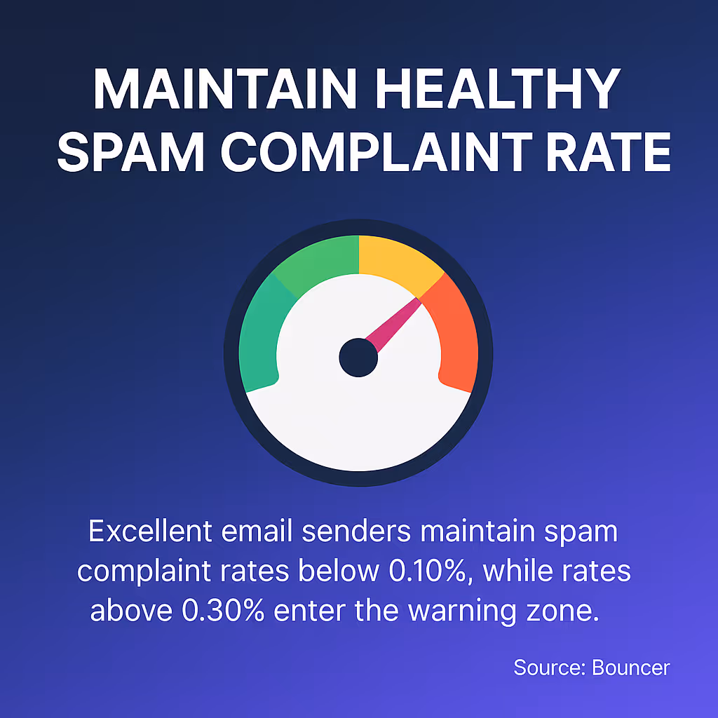 Excellent email senders maintain spam complaint rates below 0.10%, while rates above 0.30% enter the warning zone