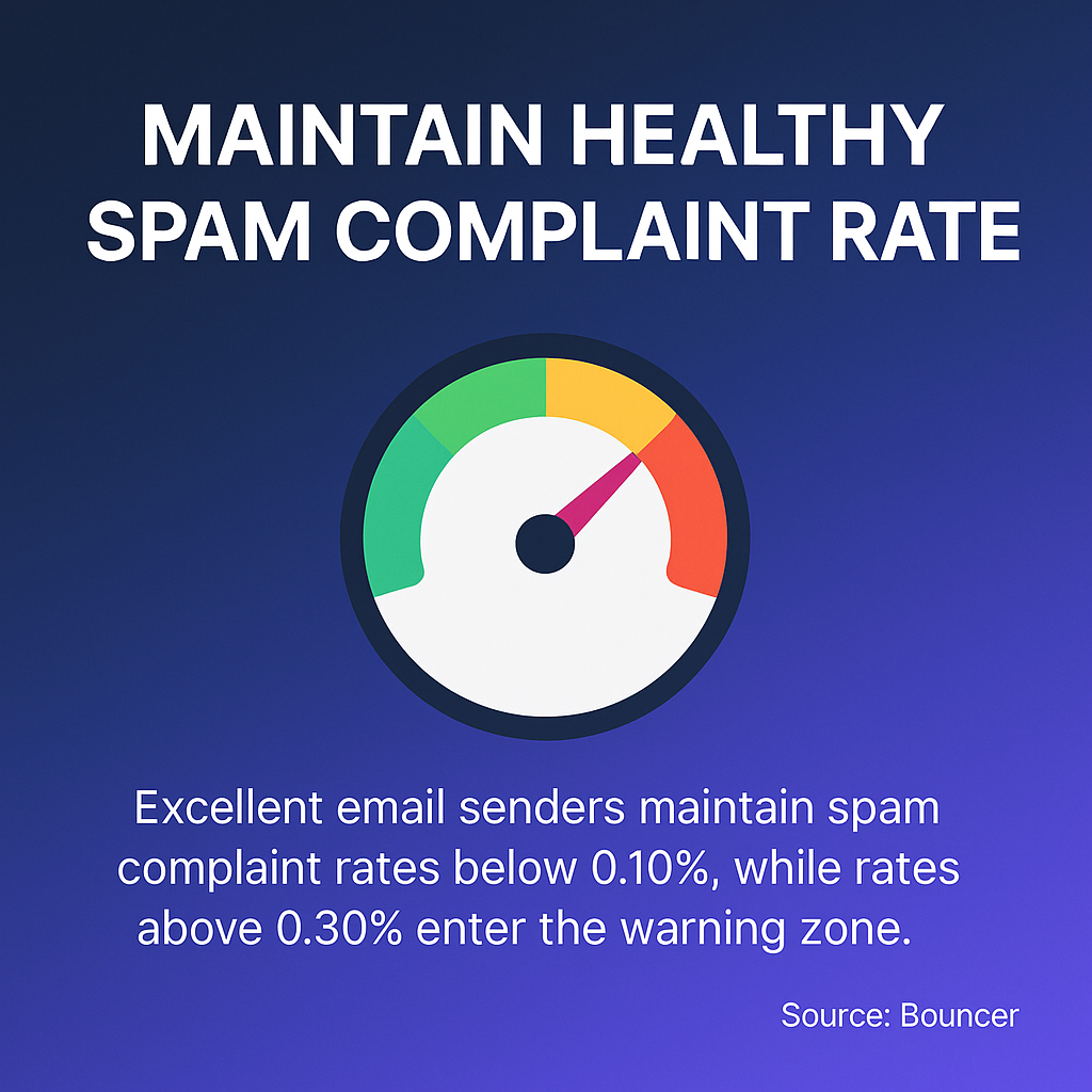 Excellent email senders maintain spam complaint rates below 0.10%, while rates above 0.30% enter the warning zone