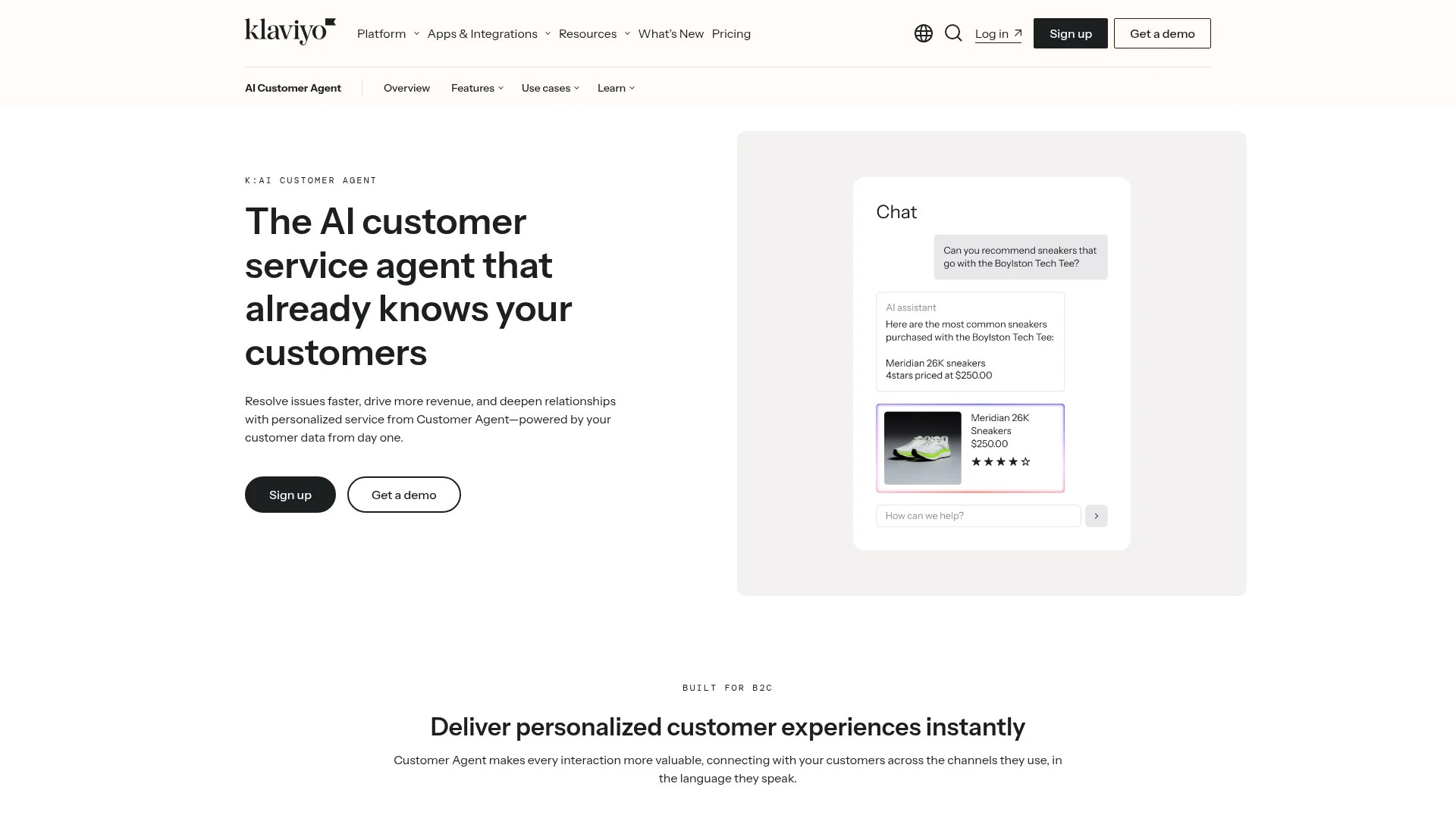 Screenshot of https://www.klaviyo.com/solutions/ai/customer-agent