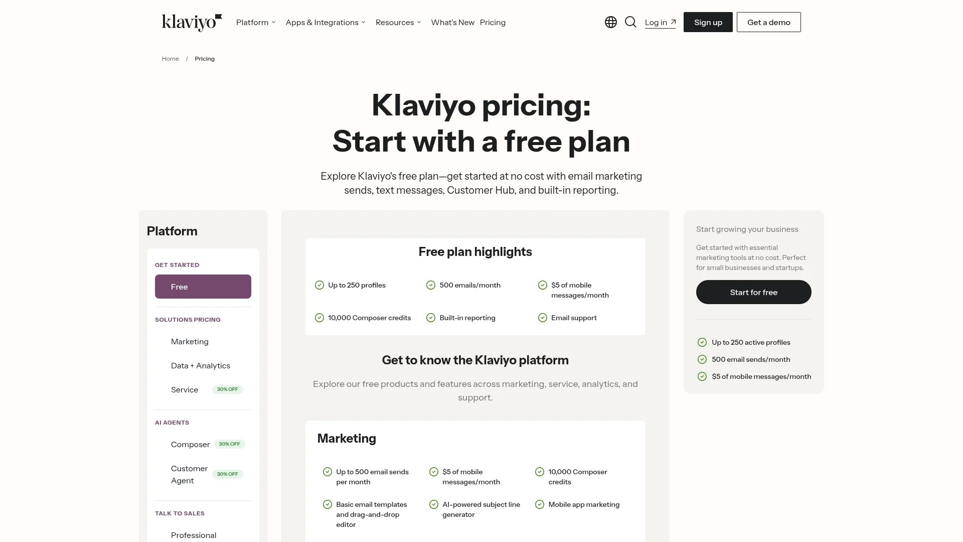 Screenshot of https://www.klaviyo.com/pricing