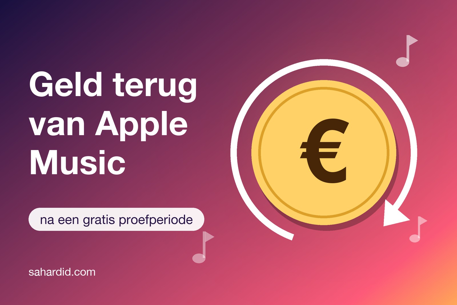 Euromunt met een pijl die terugdraait, naast de tekst Geld terug van Apple Music