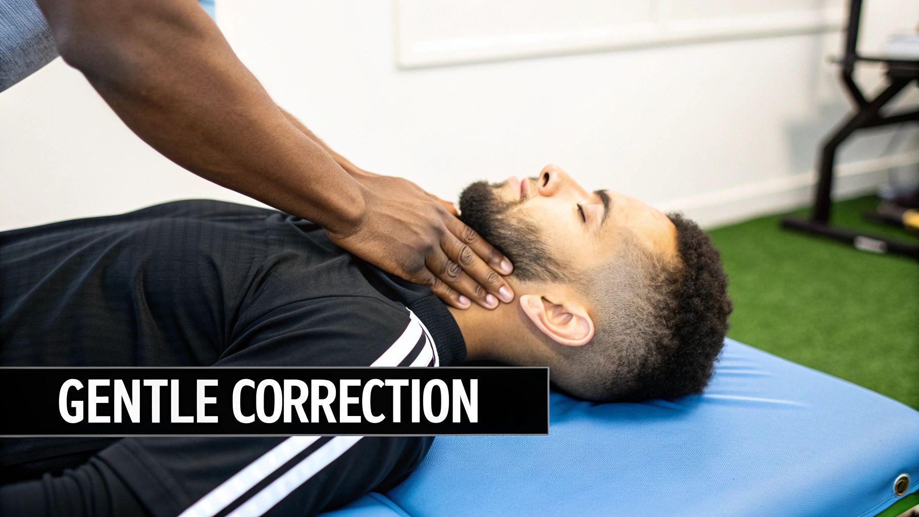 A healthcare professional performs a gentle neck adjustment on a male patient lying on a blue examination table.