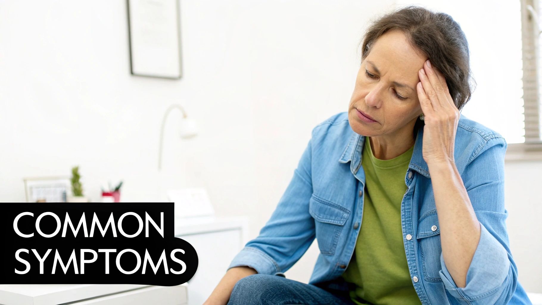 A distressed woman holding her head, with the text 'COMMON SYMPTIMS' overlaid, suggesting discomfort or pain.
