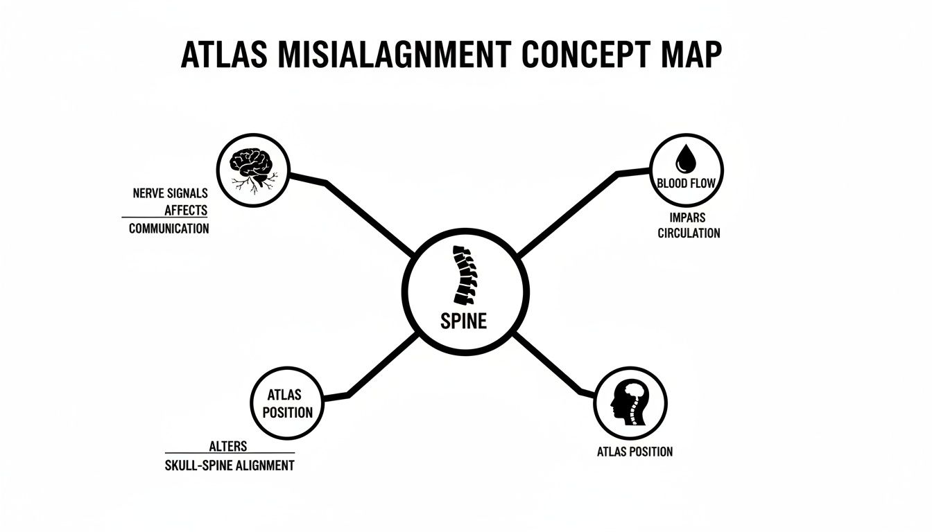 Concept map illustrating atlas misalignment's effects on nerve signals, blood flow, and skull-spine alignment.