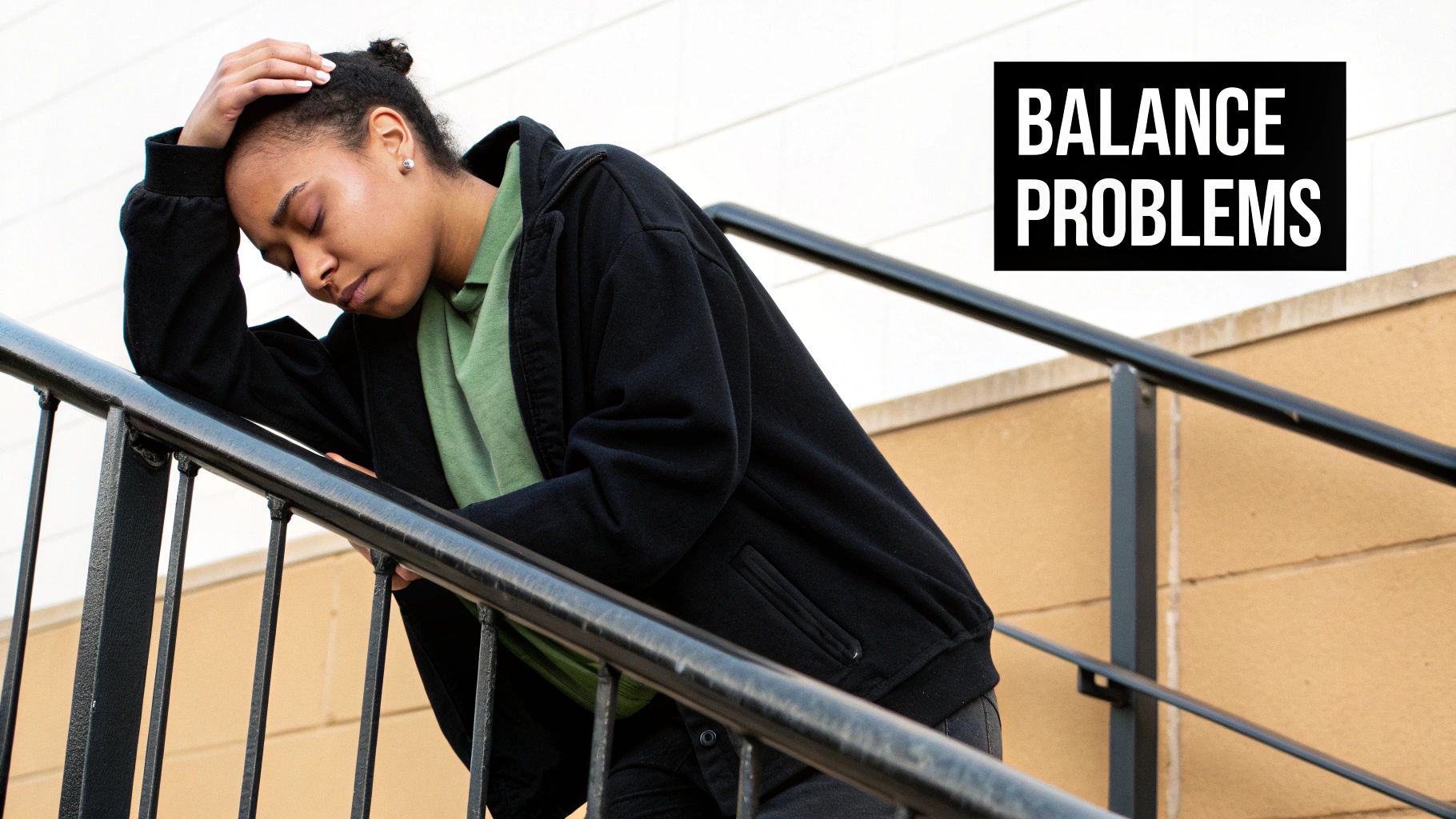 A person leans on a stair railing with closed eyes, appearing distressed, with "BALANCE PROBLEMS" text.