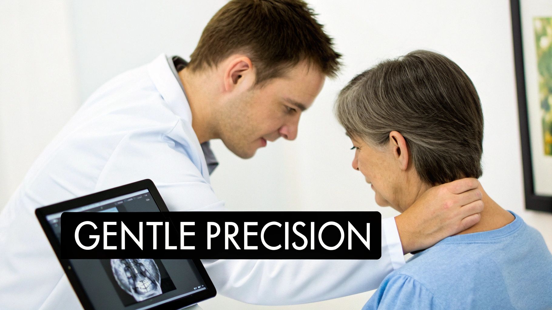 A male doctor gently examines an older woman's neck while showing her medical scans on a tablet.