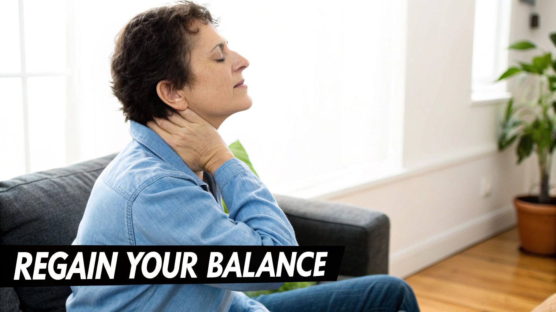 Profile view of a middle-aged woman experiencing neck pain, touching her neck with eyes closed.