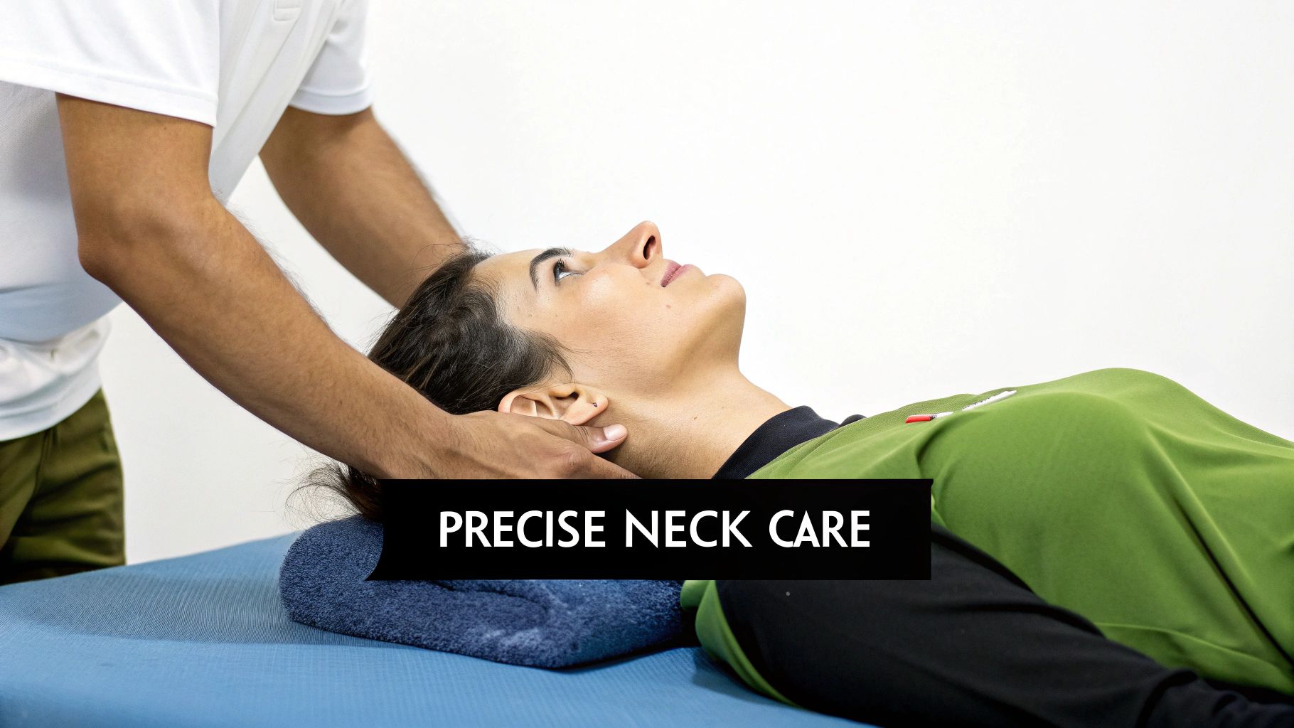 A therapist performs a precise neck adjustment or massage on a female patient lying on a blue table.