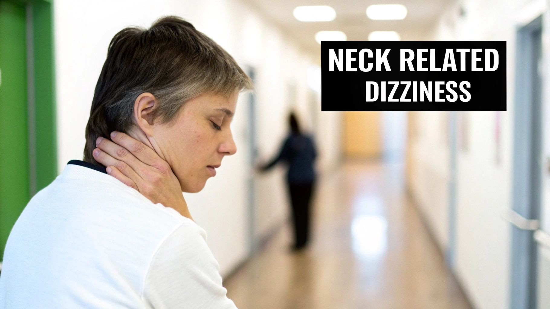 A woman holds her neck in discomfort, in a clinic hallway, with text about neck-related dizziness.