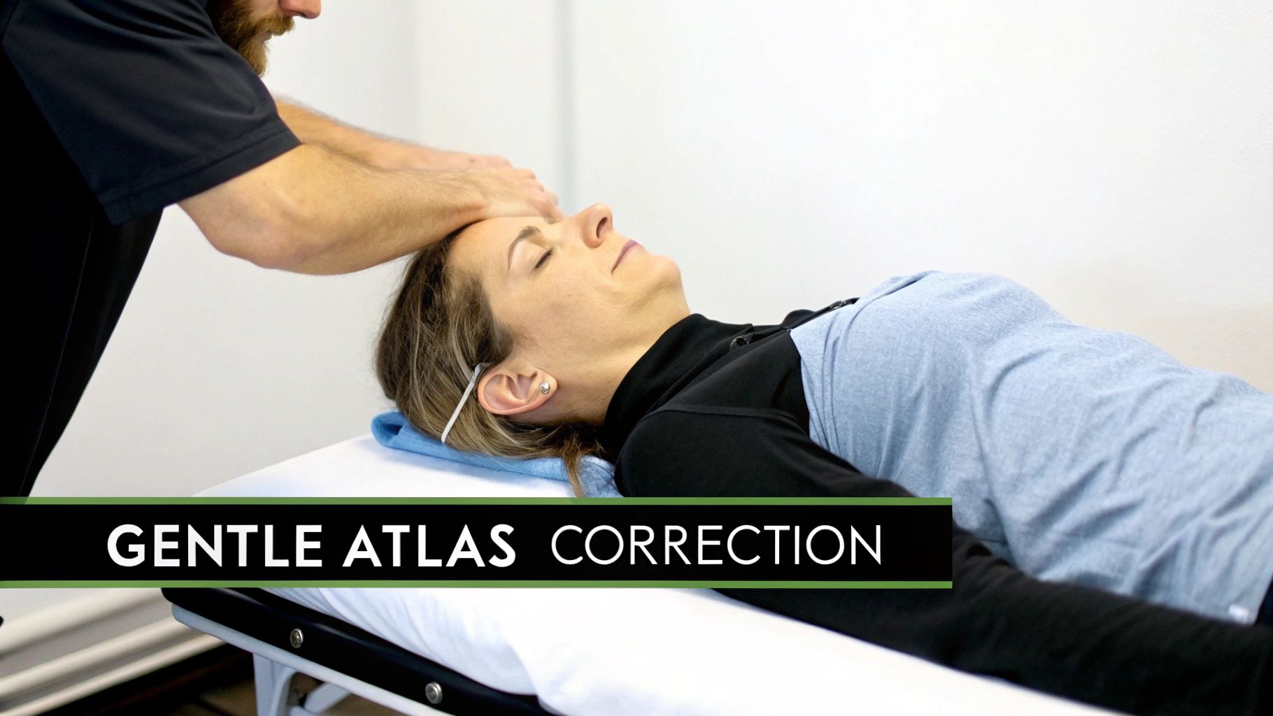 A gentle atlas correction being performed on a woman lying on a treatment table, with a practitioner's hands on her head.
