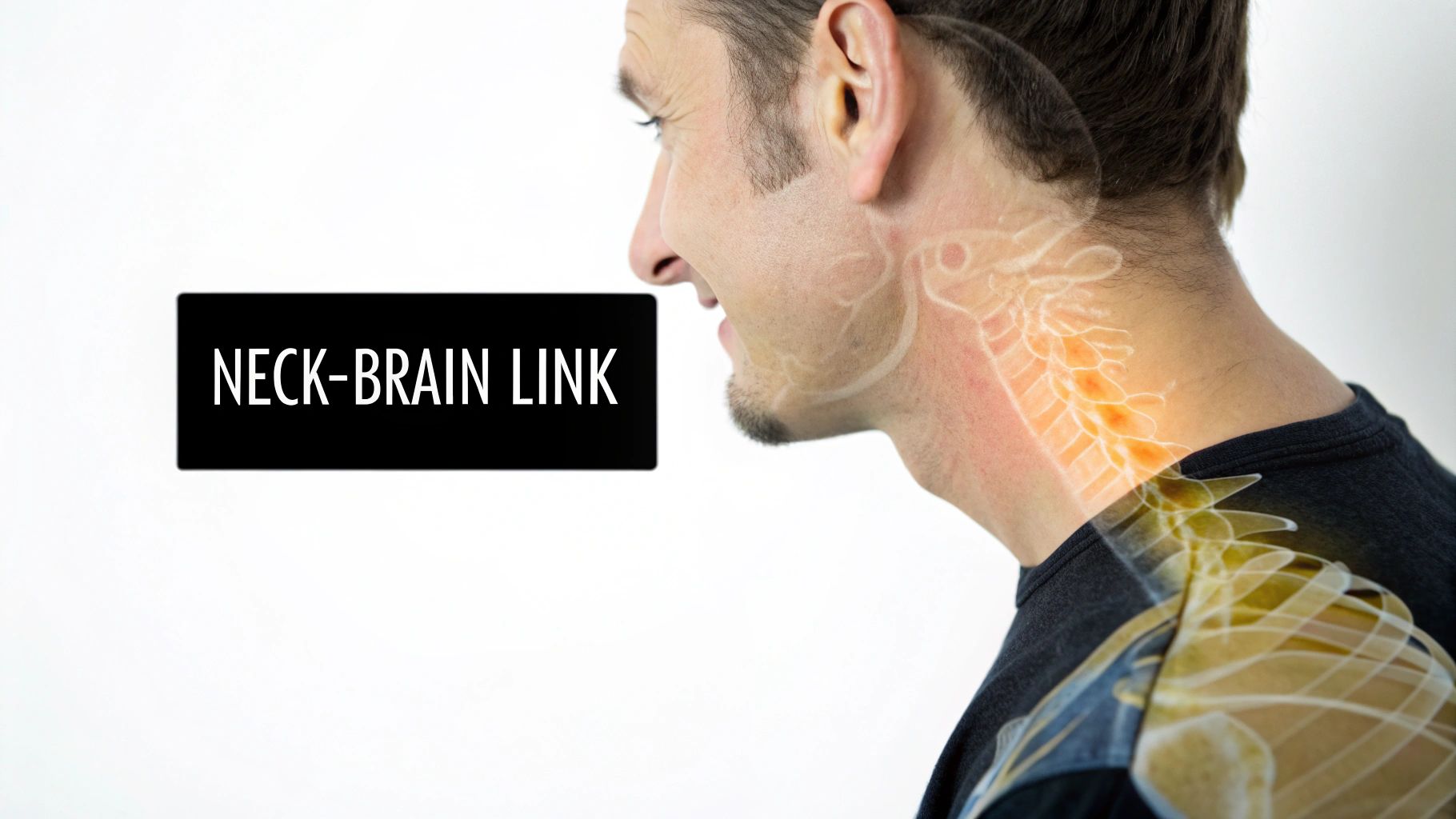 A man's profile with a transparent overlay showing his neck and upper spine, highlighting the 'NECK-BRAIN LINK'.