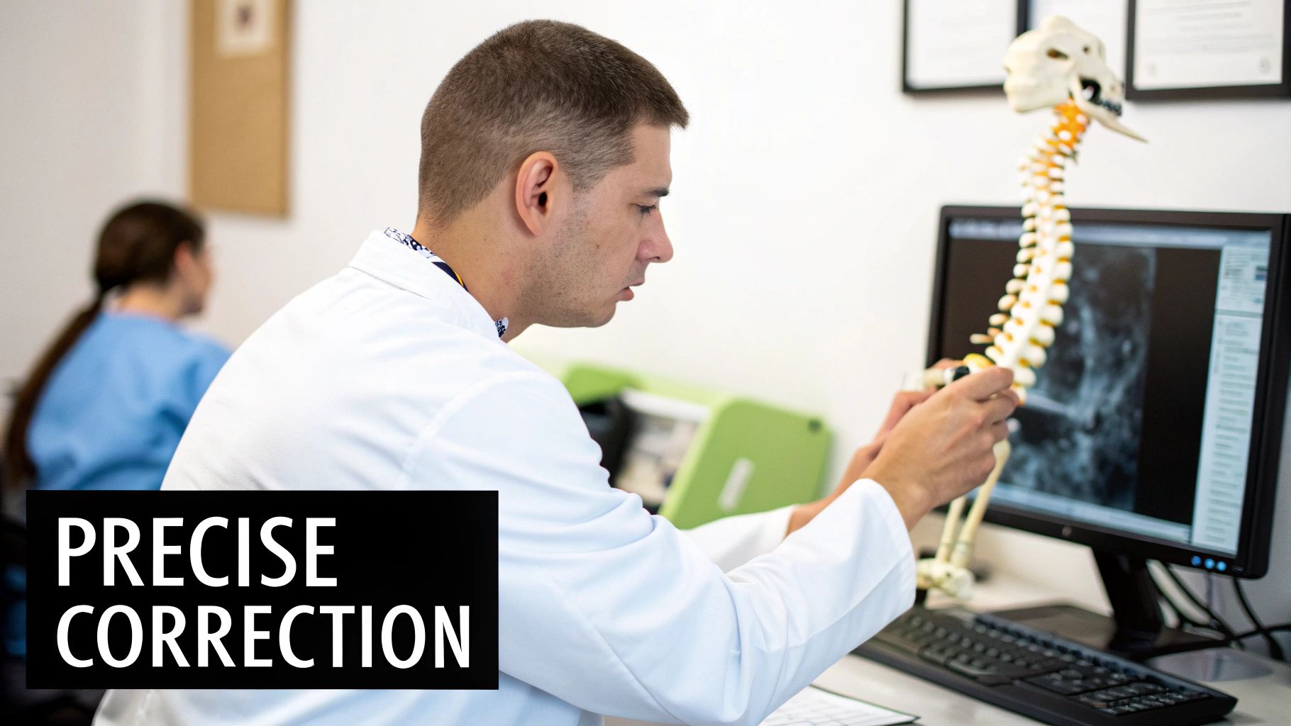 A doctor in a white coat examines a spine model and a medical scan on a computer.