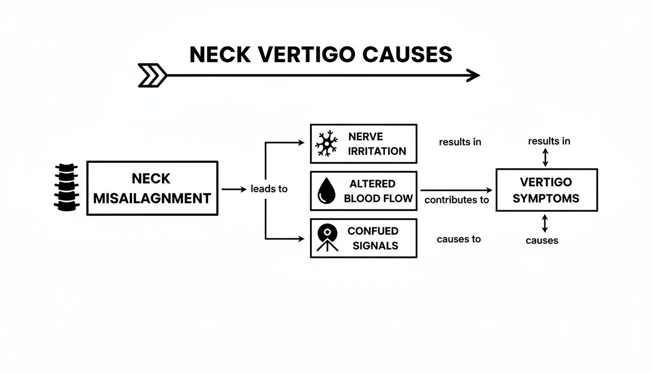 Flowchart illustrates neck misalignment causing nerve irritation, altered blood flow, and confused signals leading to vertigo.