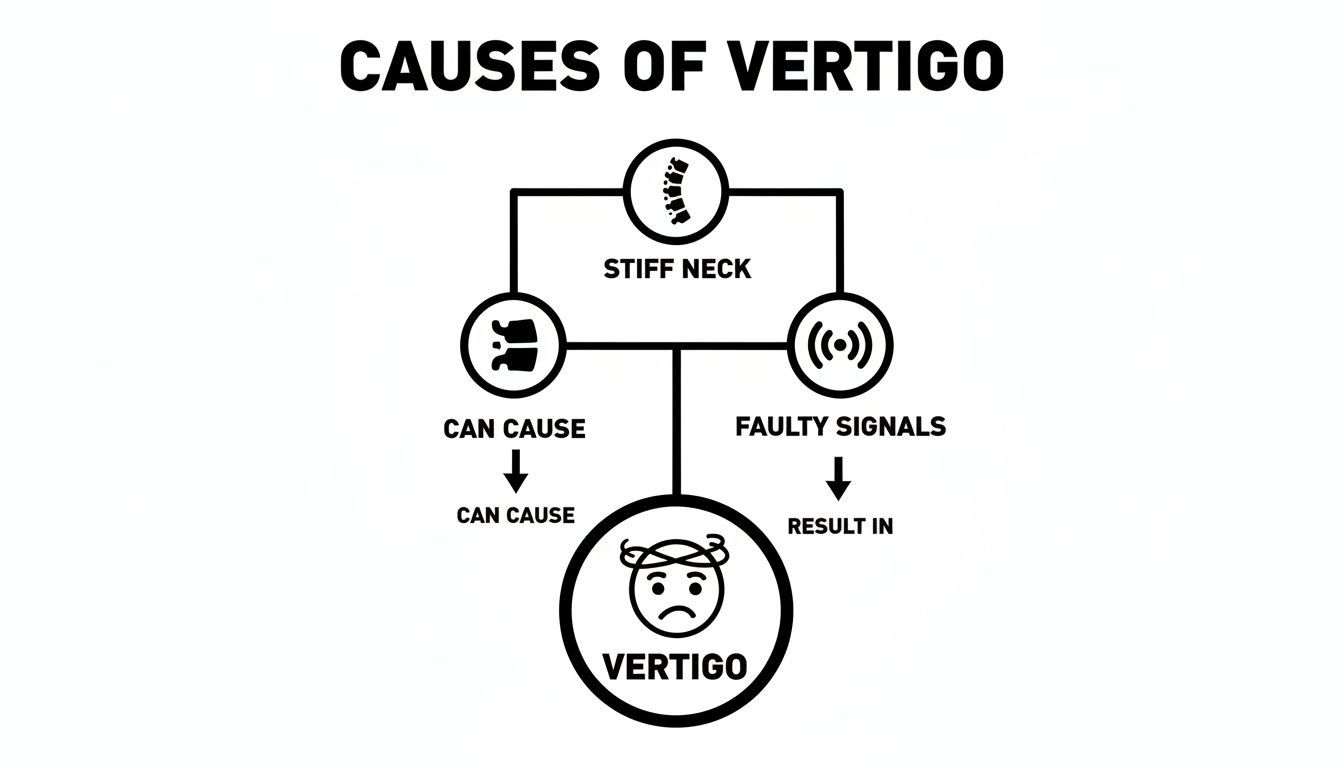 A diagram illustrating the causes of vertigo, showing how a stiff neck can lead to dizziness through structural issues or faulty signals.
