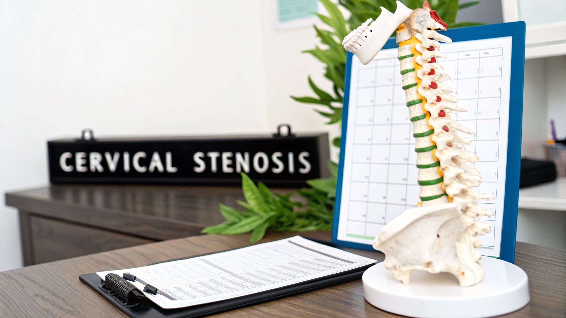 A medical office desk featuring a 'Cervical Stenosis' sign, anatomical spine model, and clipboard.