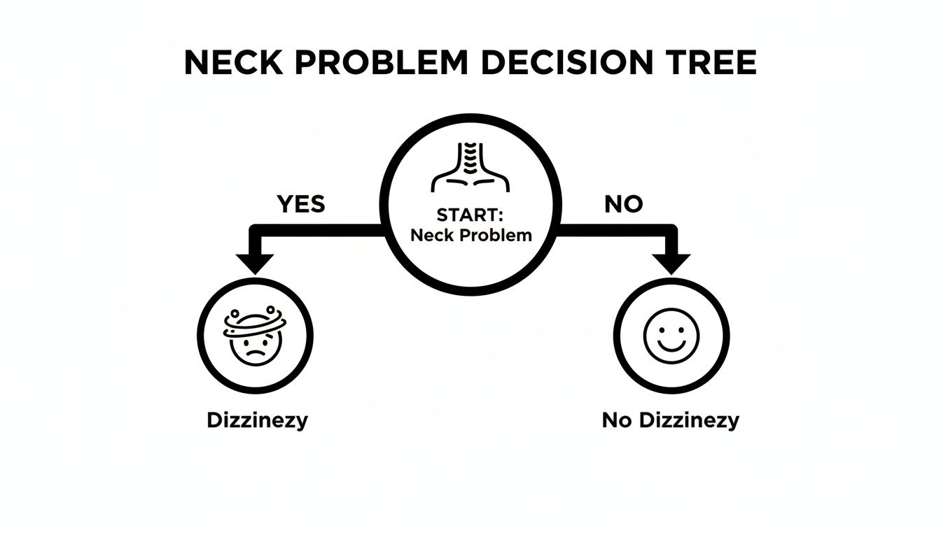 A decision tree illustrating if a neck problem leads to dizziness or no dizziness.