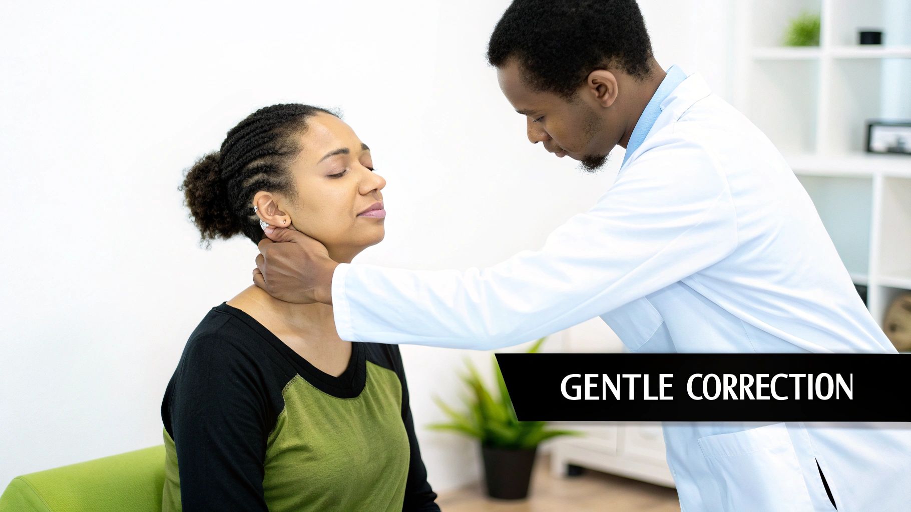 A doctor gently examines a female patient's neck, possibly for cervicogenic headache or neck pain.