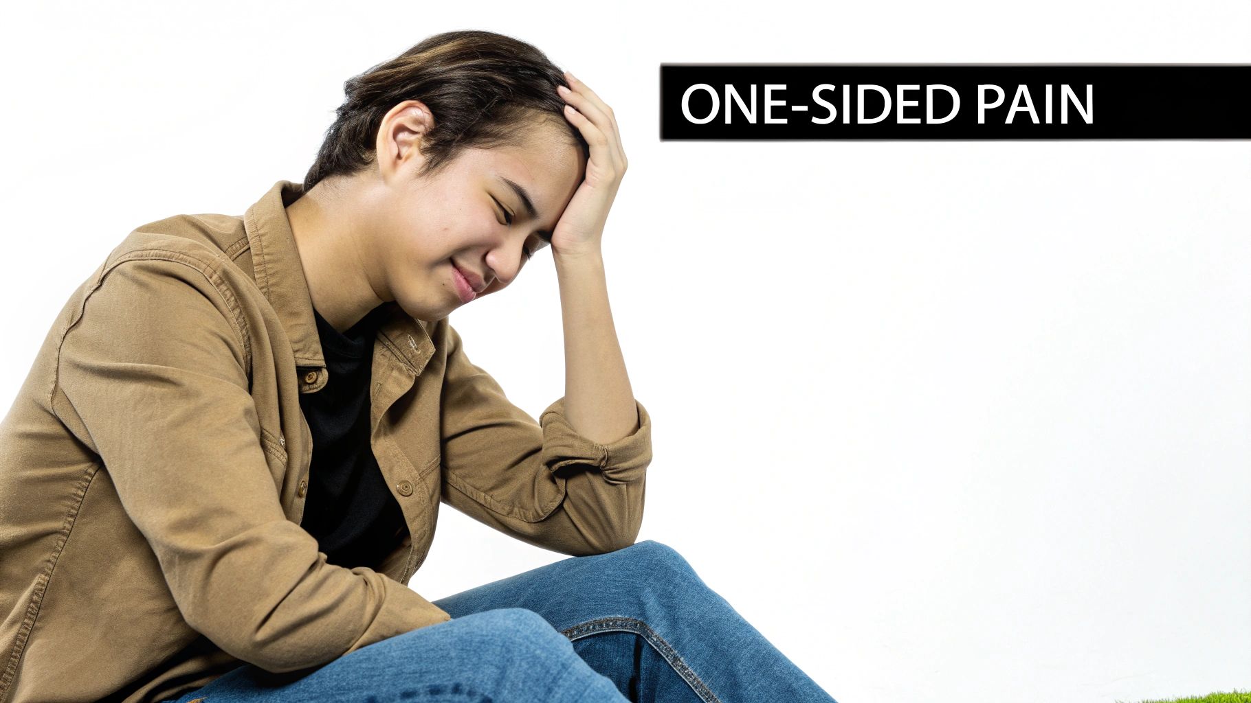 A young person experiencing one-sided head pain or headache, holding their head in discomfort.
