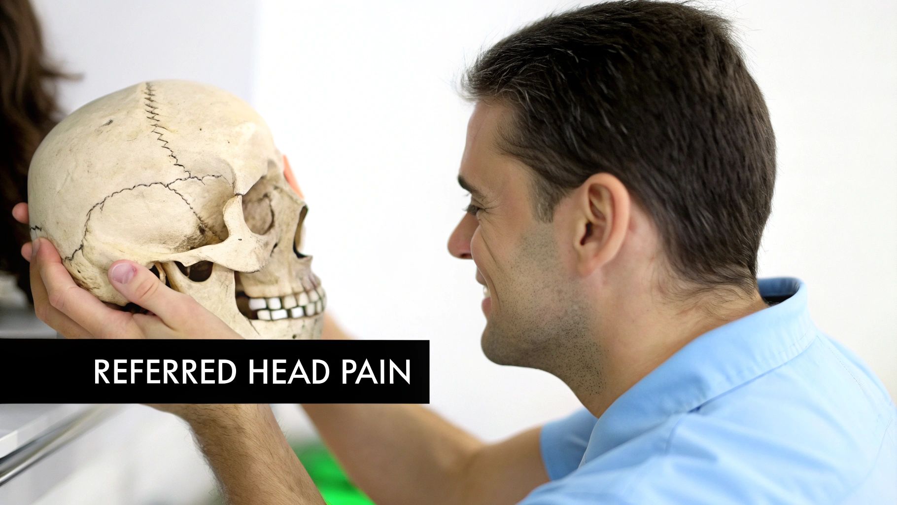 A medical professional holds a human skull model, illustrating principles of referred head pain.