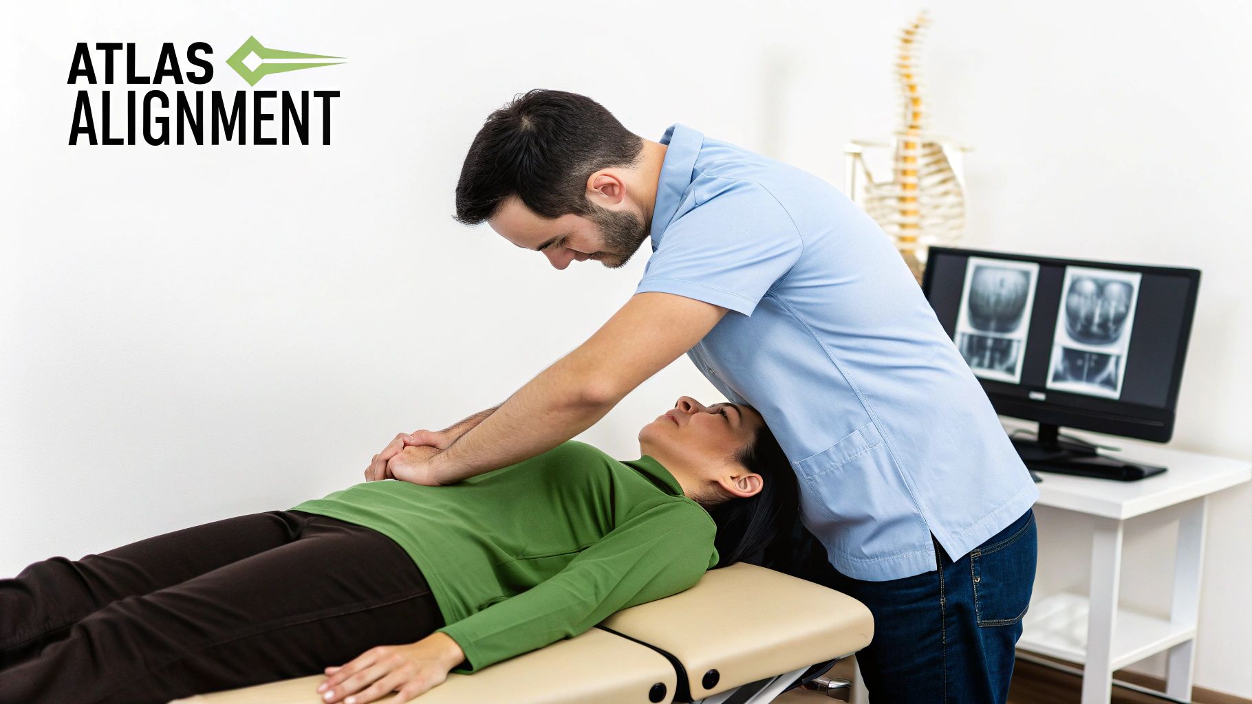 Chiropractor performing a spinal adjustment on a female patient lying on a treatment table.