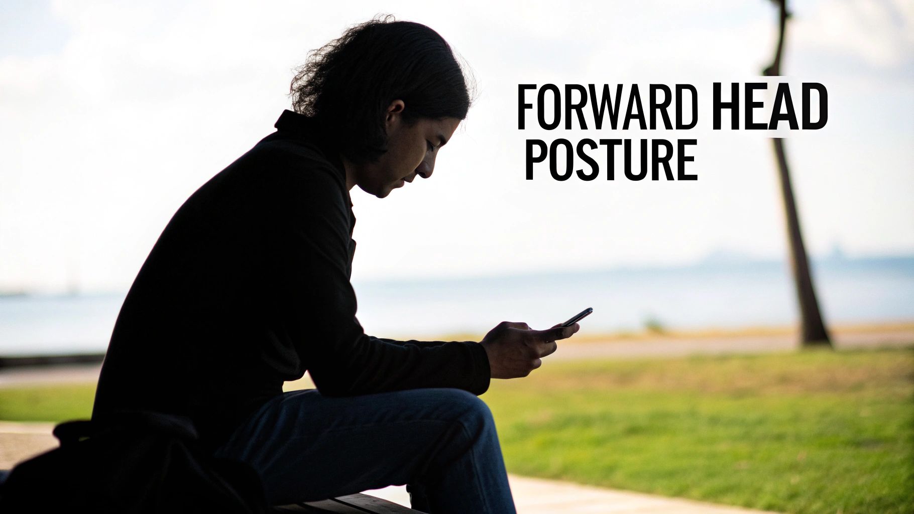 Silhouette of a person looking down at a phone, demonstrating forward head posture outdoors.