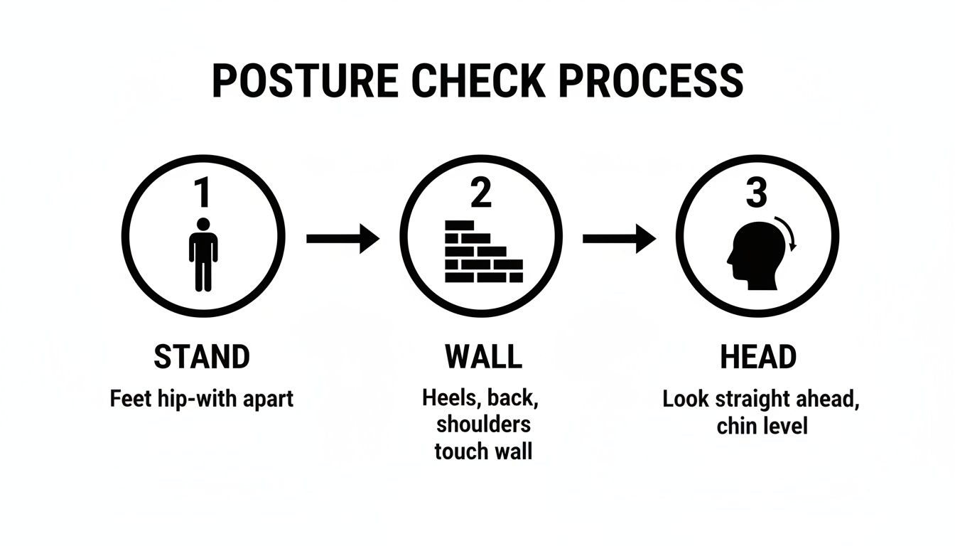 Three-step posture check process: stand with feet hip-width apart, align back against a wall, and keep chin level.