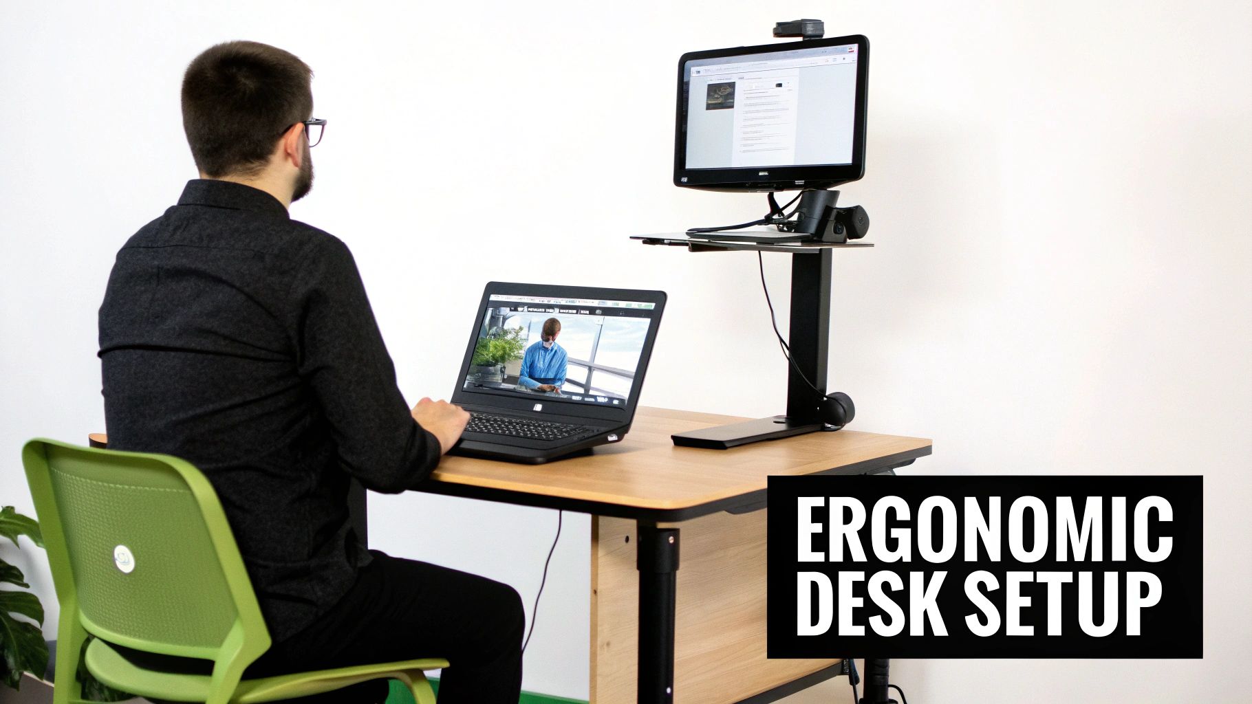Rear view of a man working at an ergonomic desk setup with a laptop and standing monitor.