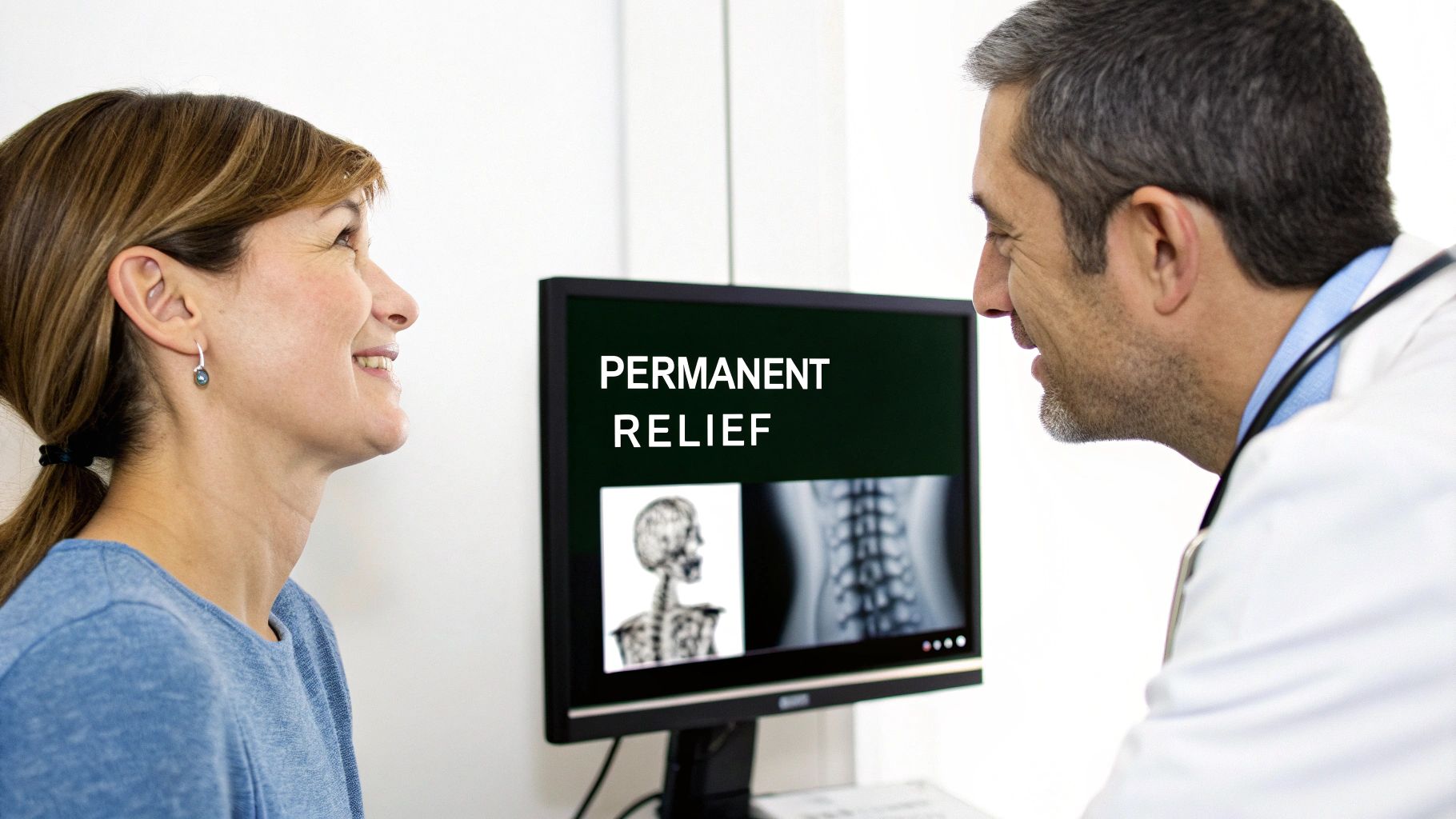 Doctor and patient smiling while looking at a computer screen showing medical scans and 'PERMANENT RELIEF'.