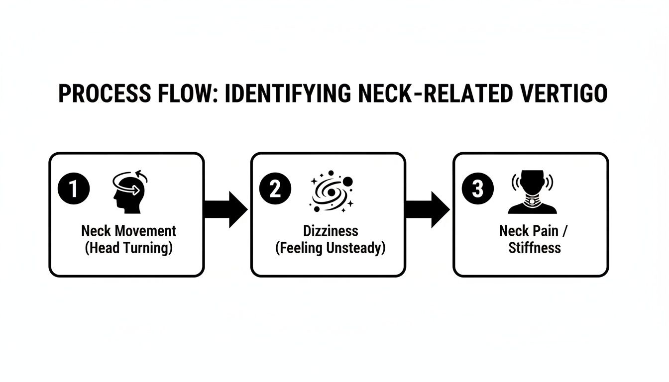 Flowchart showing steps to identify neck-related vertigo: neck movement, dizziness, and neck pain.
