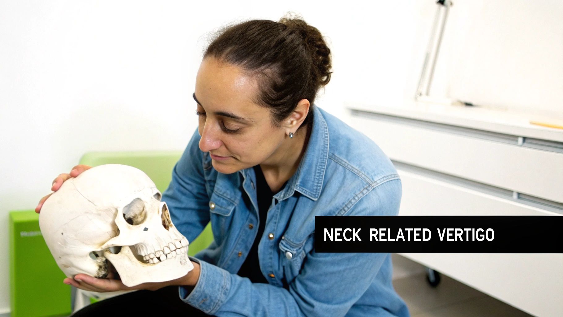 A woman in a denim shirt intently examines a human skull model in her hands.