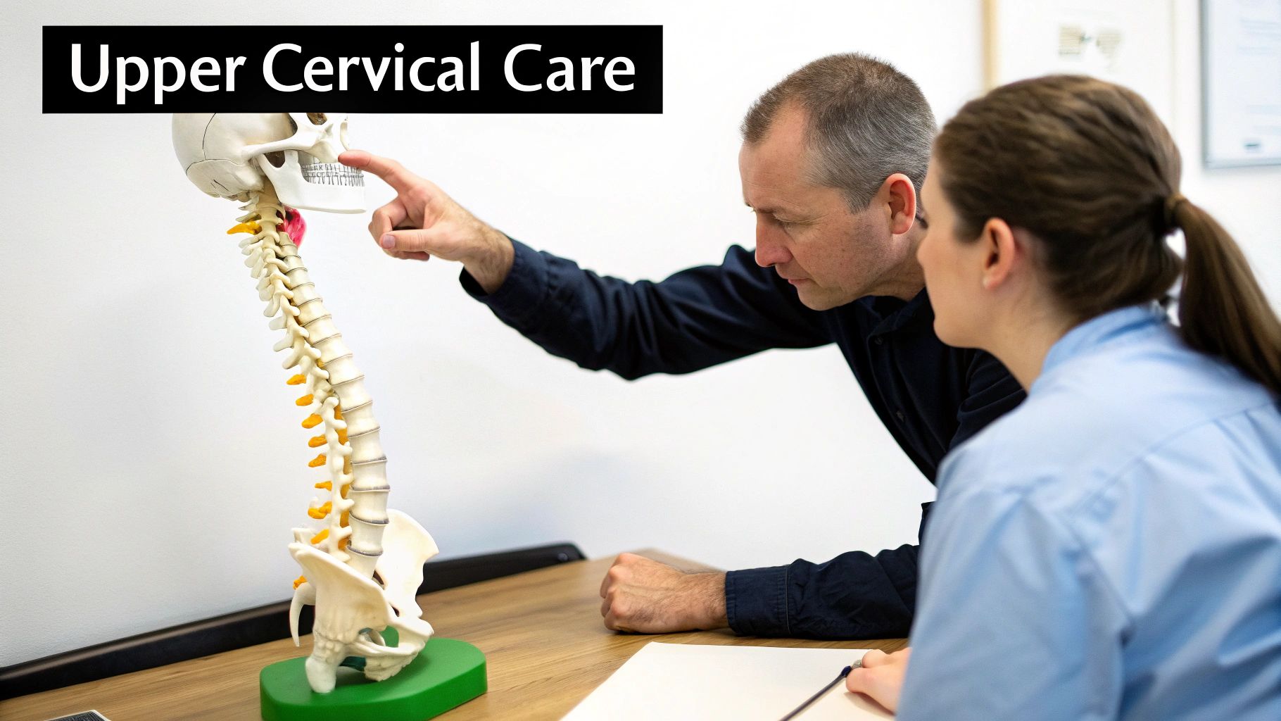A man points to the skull of a human spine model during an 'Upper Cervical Care' consultation with a woman.