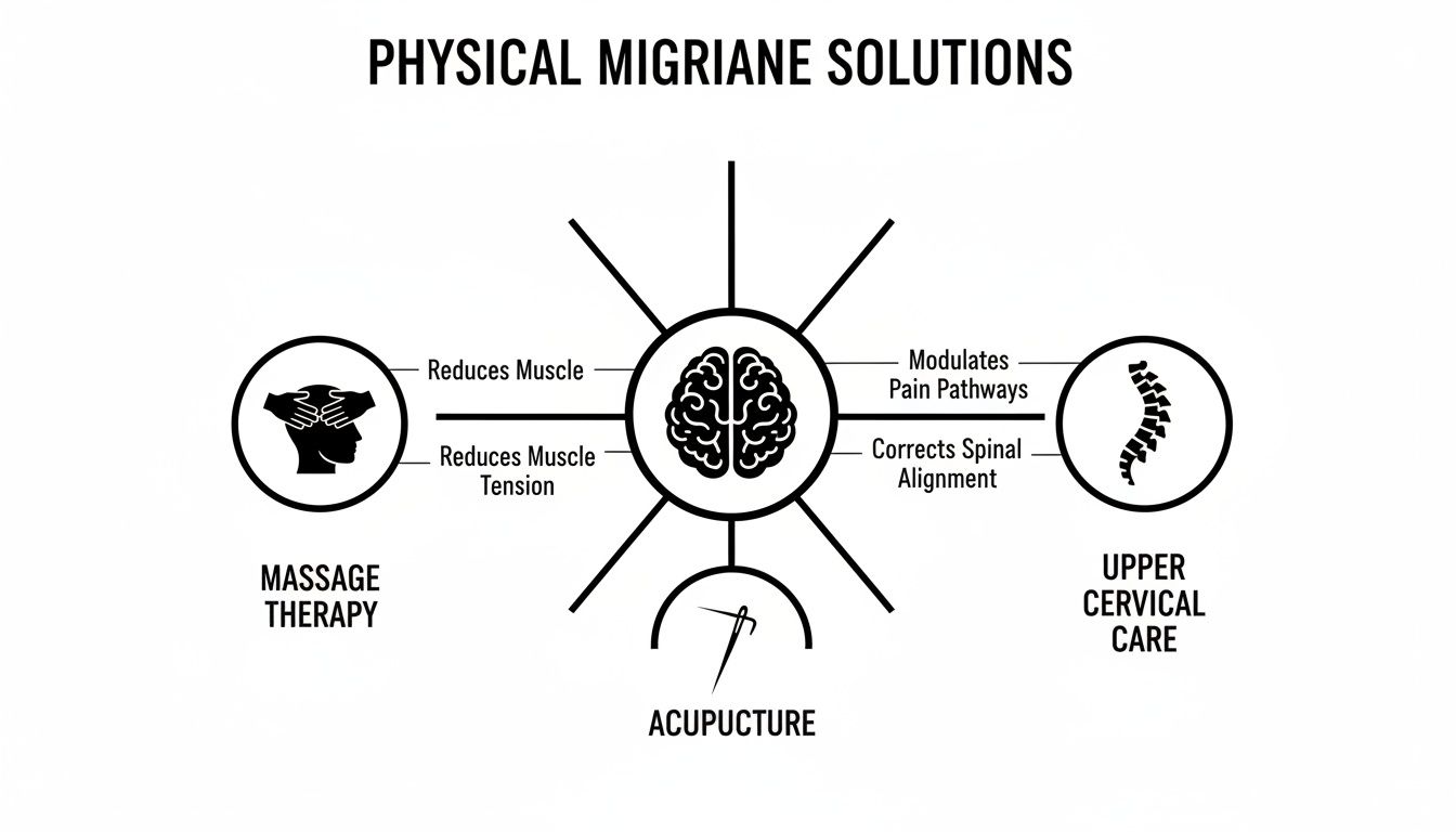 Infographic illustrating physical migraine solutions: massage therapy, acupuncture, and upper cervical care benefits.