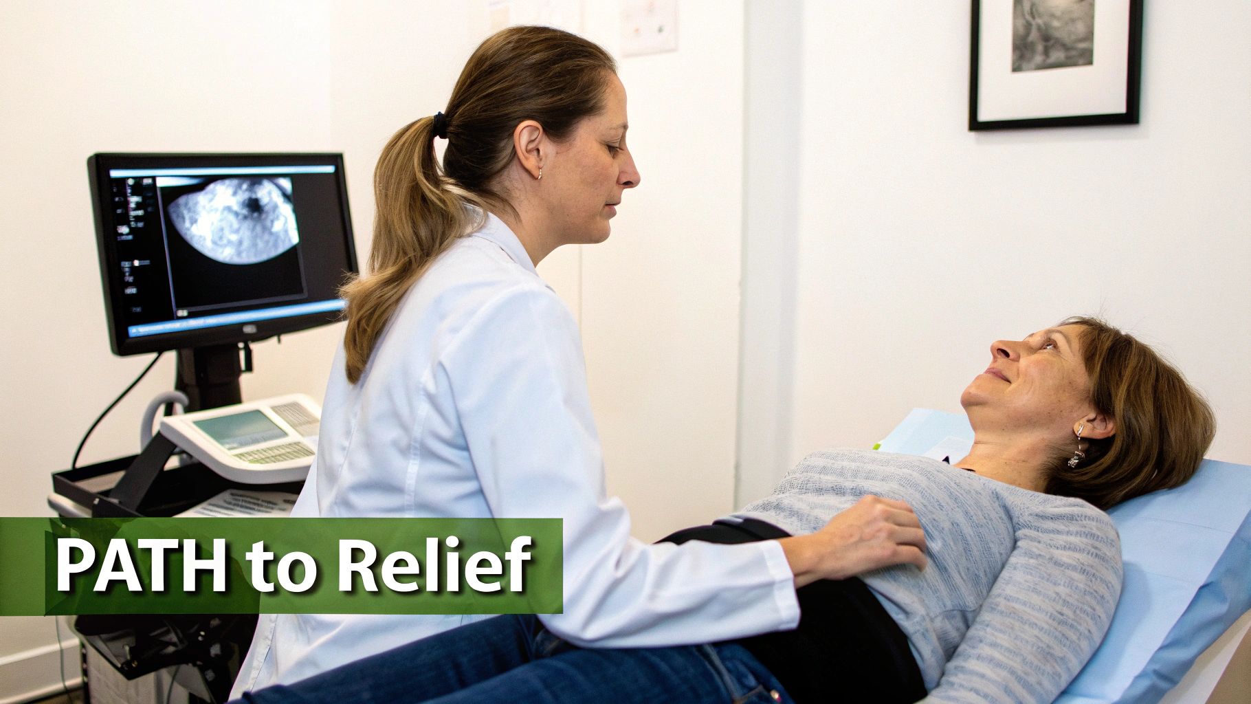 A female doctor performs an ultrasound examination on a patient, with an ultrasound image displayed.