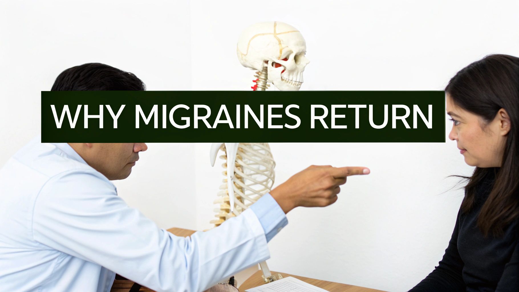 A doctor discusses with a patient, with a skeletal model and banner text 'WHY MIGRAINES RETURN'.