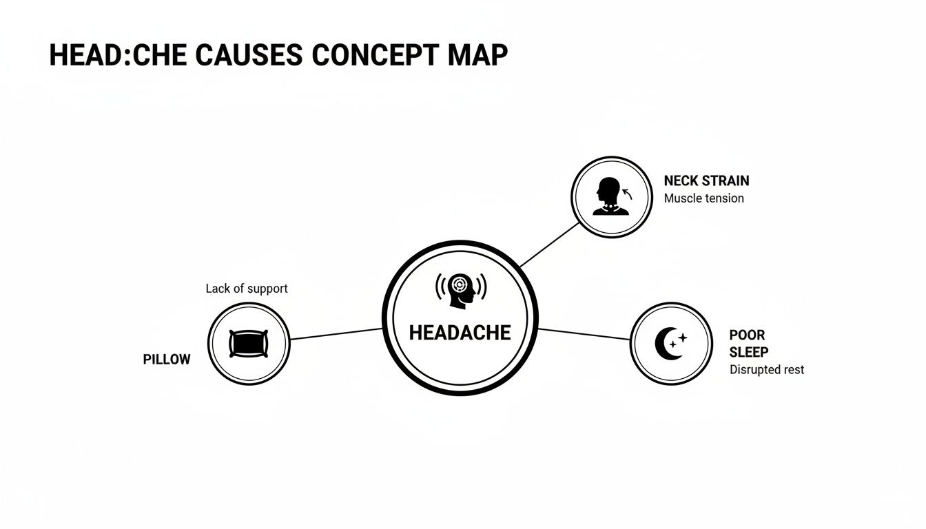 A concept map showing headache causes: lack of pillow support, neck strain from muscle tension, and poor sleep.