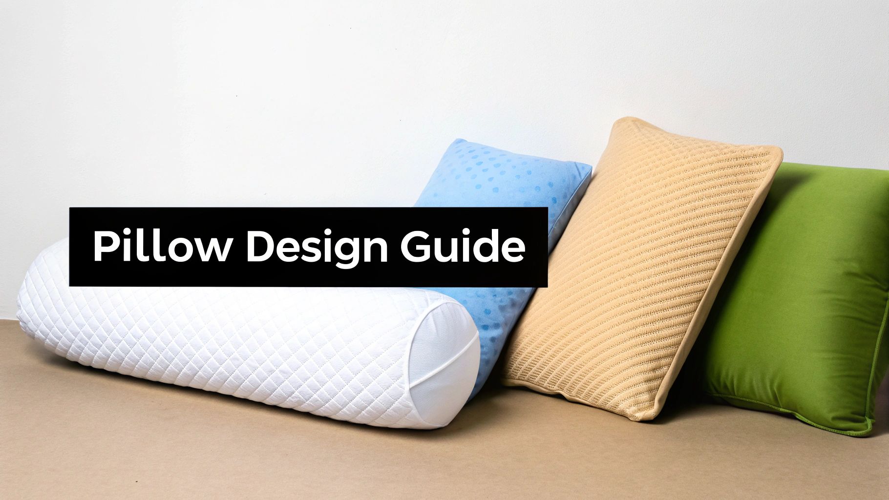 Four various pillows in white, blue, beige, and green, displayed with 'Pillow Design Guide' text.