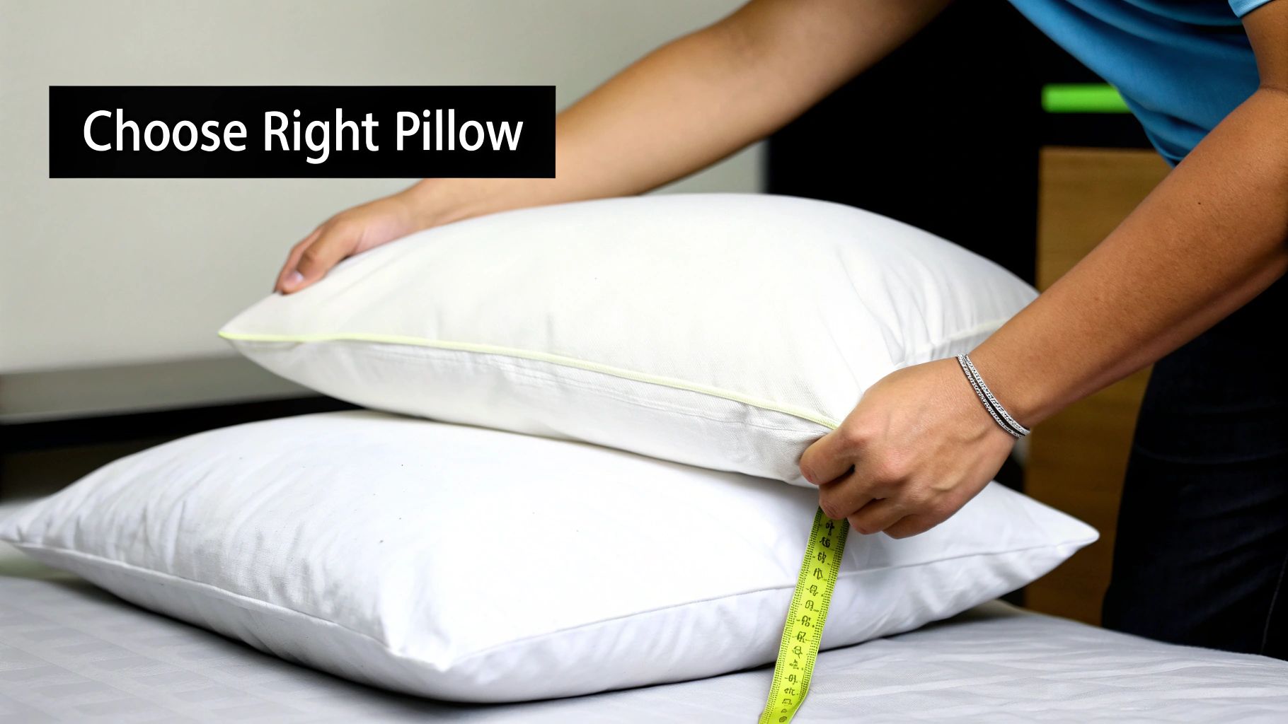 Hands measuring the height of two white pillows on a bed, illustrating how to choose the right one.