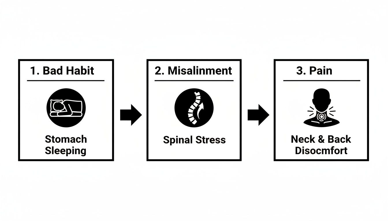 A diagram showing how stomach sleeping leads to spinal stress, causing neck and back discomfort.