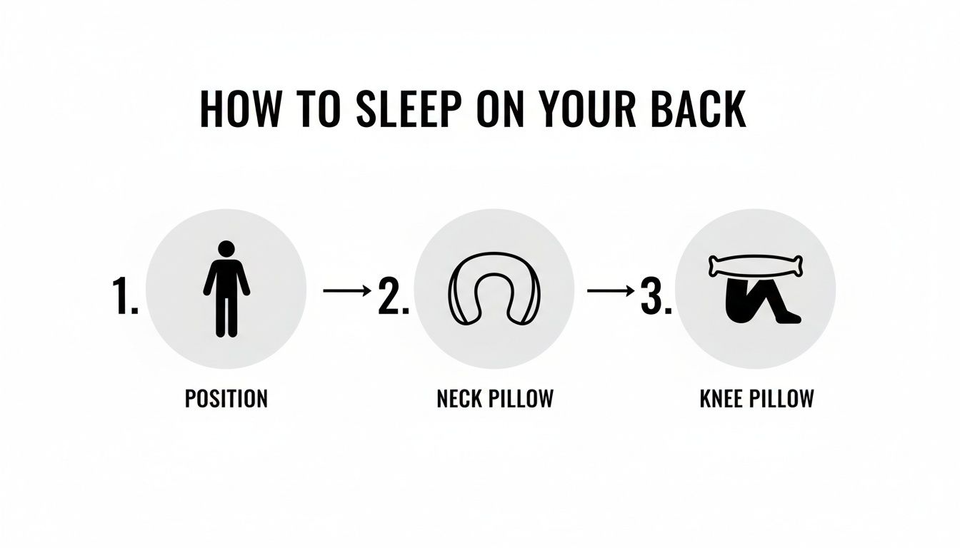 Illustrated guide on how to sleep on your back, detailing position, neck pillow, and knee pillow use.