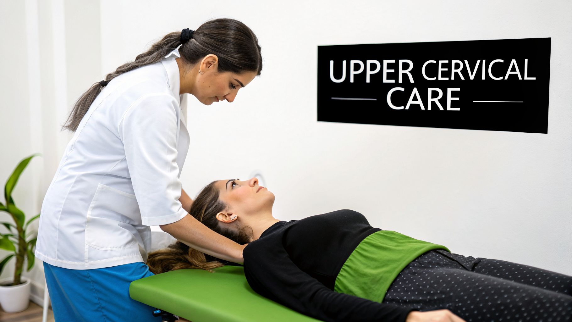 A professional in a white coat provides upper cervical care to a patient on a green examination table.