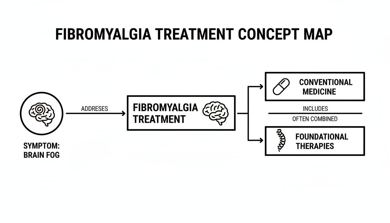 Concept map illustrating fibromyalgia treatment approaches, including conventional medicine and foundational therapies, addressing brain fog.