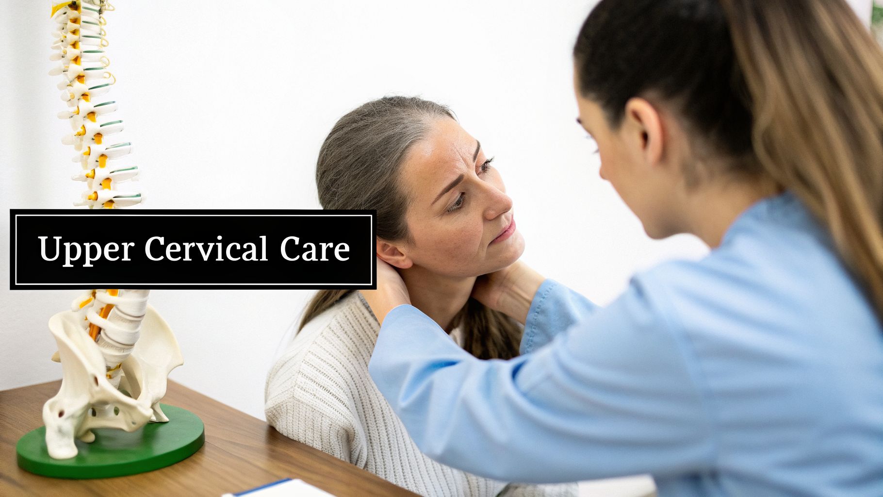 A doctor examines a female patient's neck for upper cervical care, with a spinal model visible.