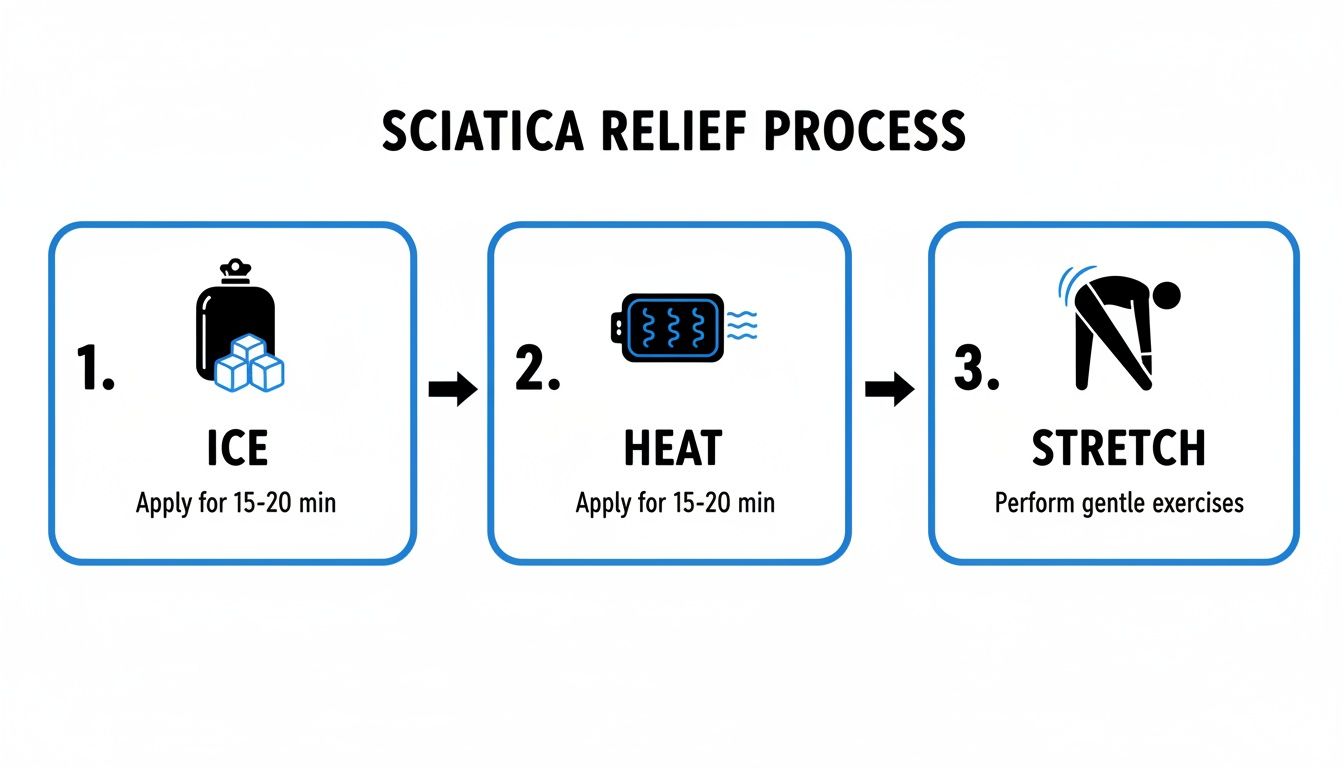 A diagram outlining a 3-step sciatica relief process: ice, heat, and stretching exercises.