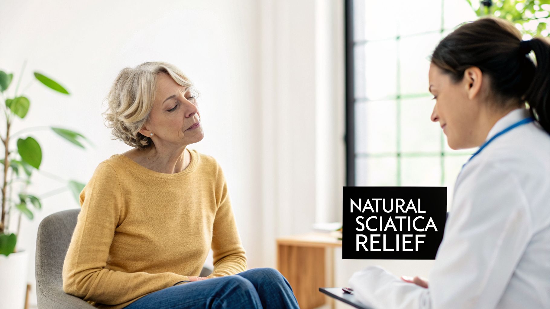 A senior woman consults with a doctor, seeking natural sciatica relief in a clinic.