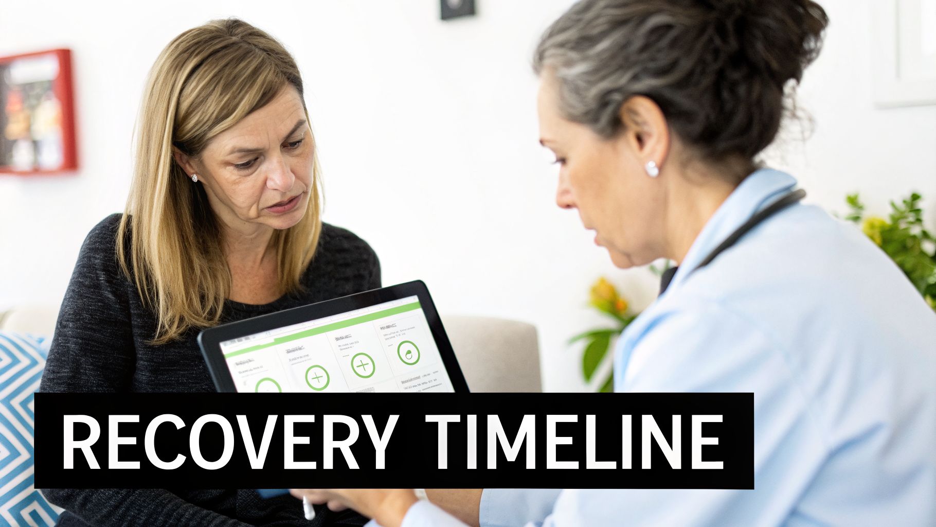 A doctor shows a patient a recovery timeline on a tablet during a consultation.