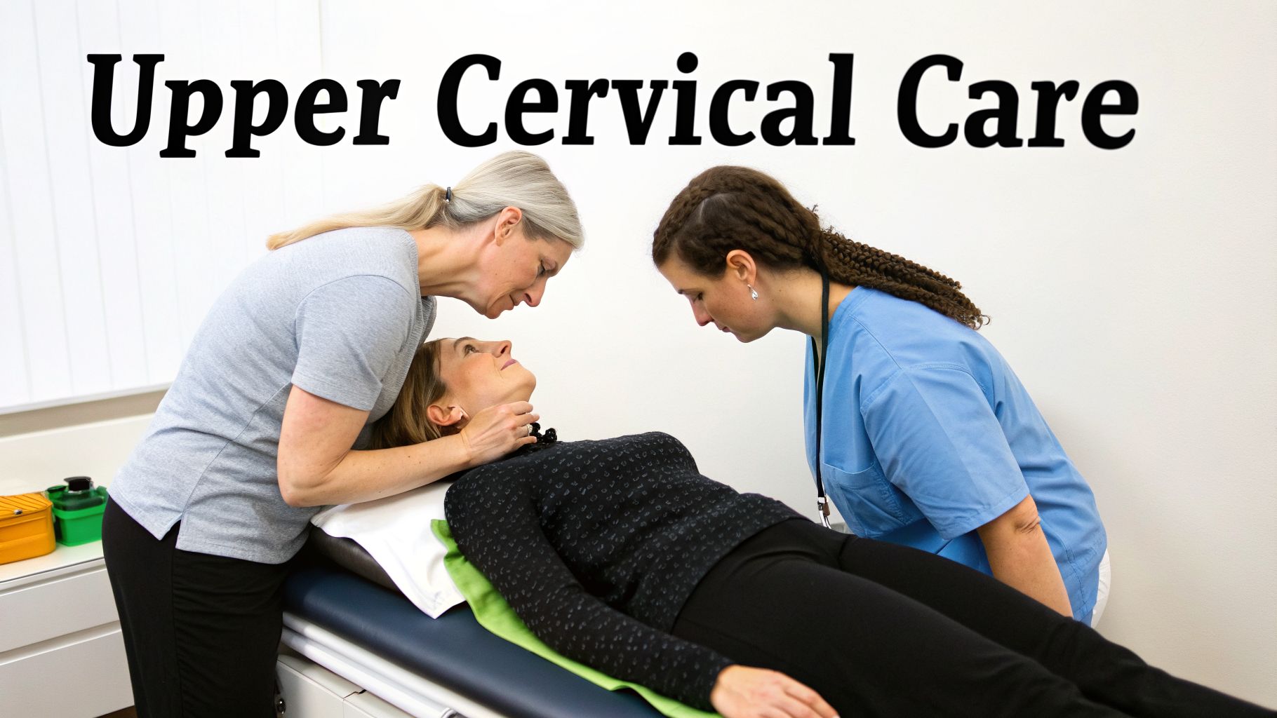 Two healthcare professionals perform upper cervical care on a female patient lying on a table.