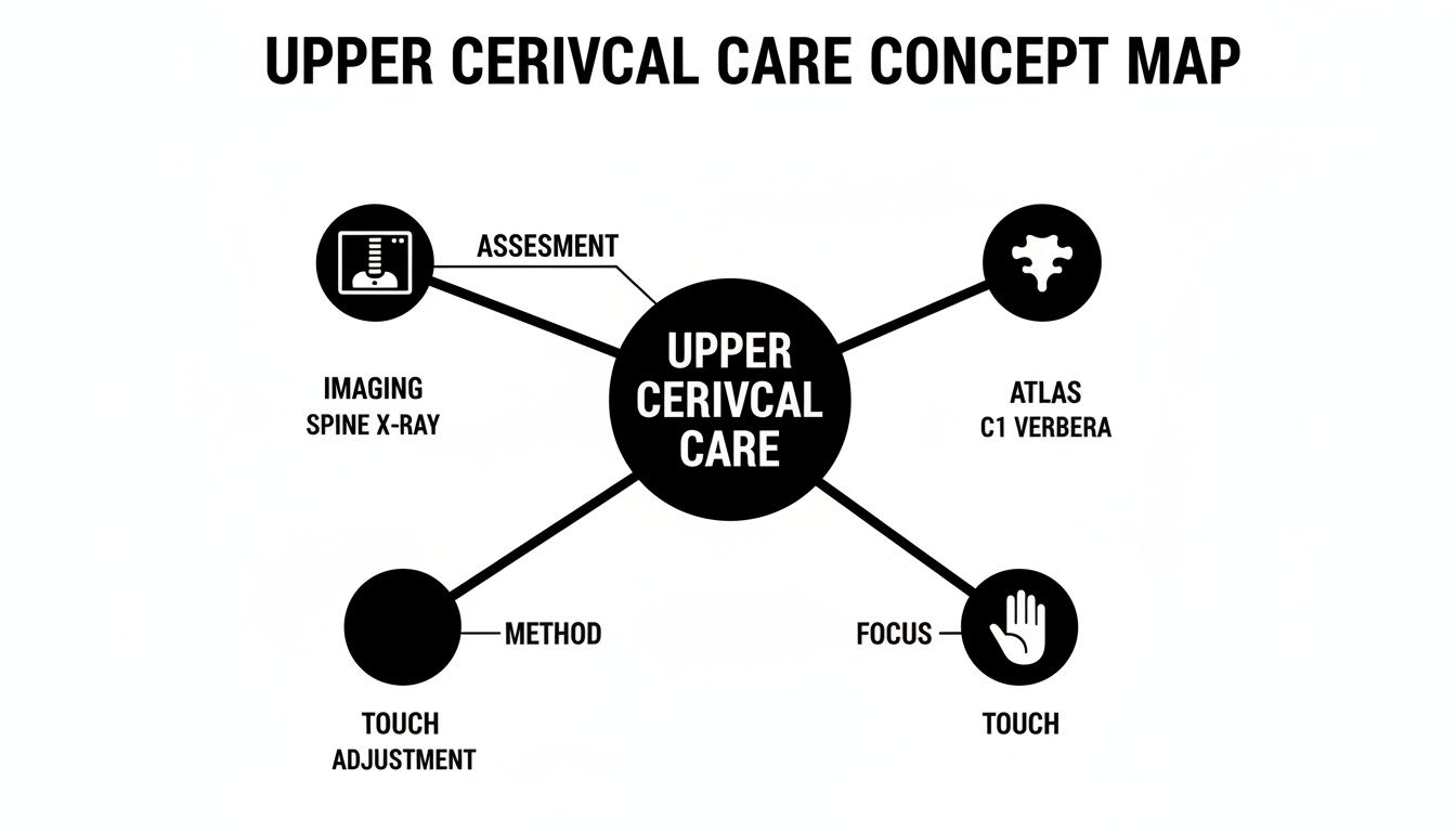 A concept map outlining upper cervical care, featuring assessment, imaging, atlas C1 vertebra, methods, and touch focus.