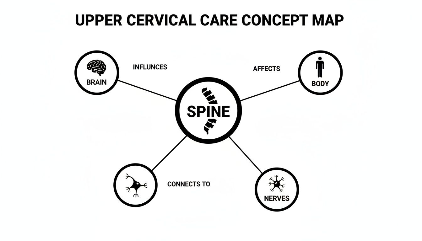 A concept map for upper cervical care, showing the spine influencing the brain, affecting the body, and connecting to nerves.