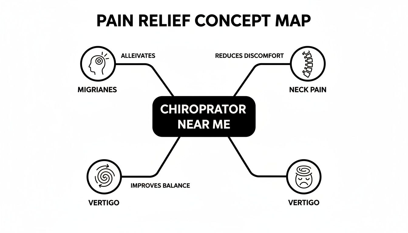 A concept map showing how a chiropractor near me alleviates migraines, reduces neck pain, and improves vertigo.