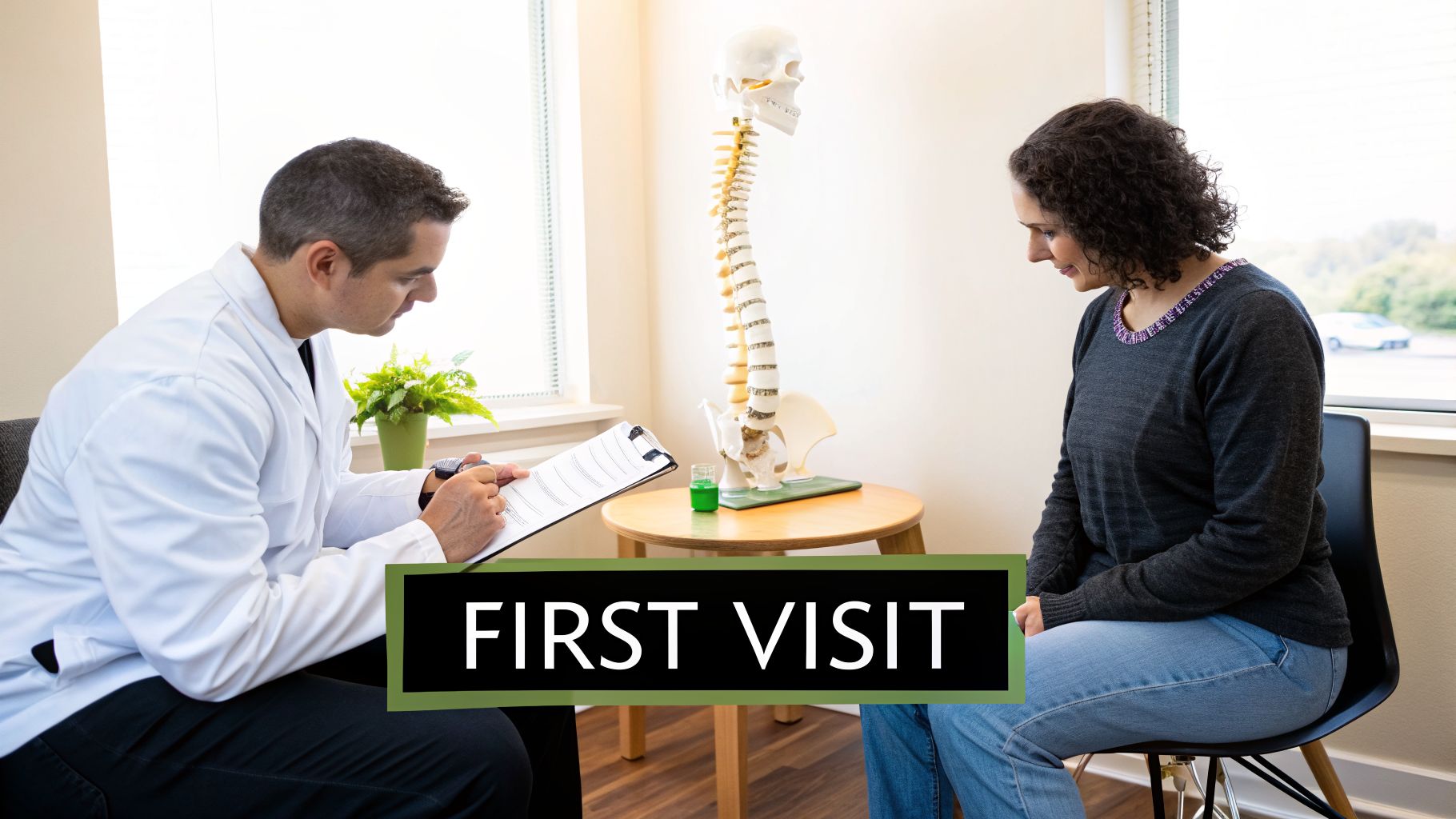 A chiropractor in a white coat consults with a female patient during her first visit, with a spine model between them.